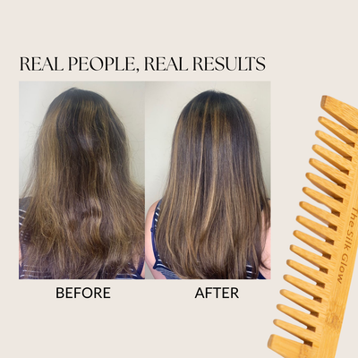 before and after of healthy hair using bamboo comb